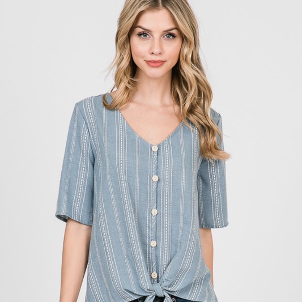 Women Striped Woven Short Sleeve Front Tie Top